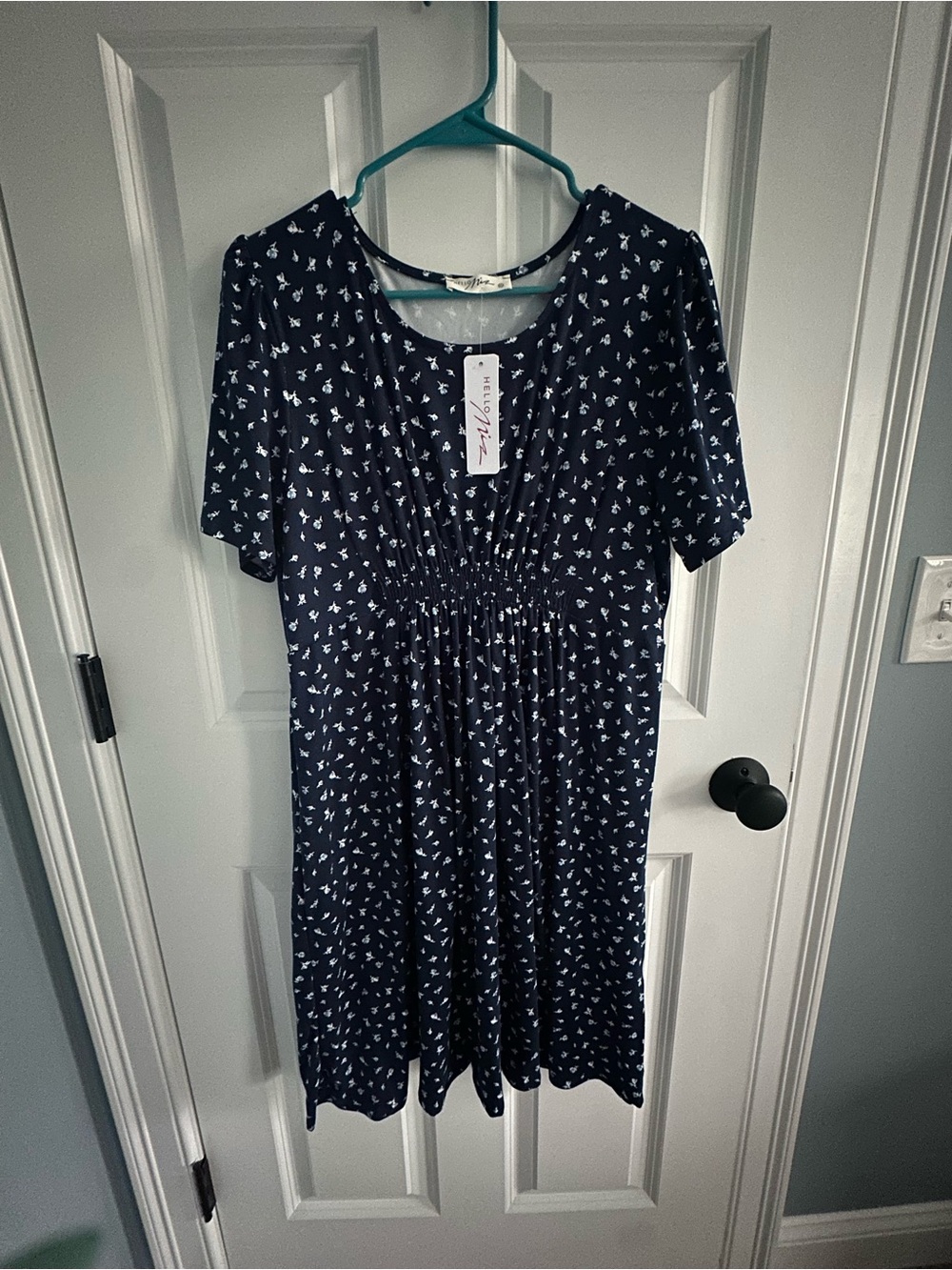 Hello MIZ Navy Blue Floral Shirred Empire Dress